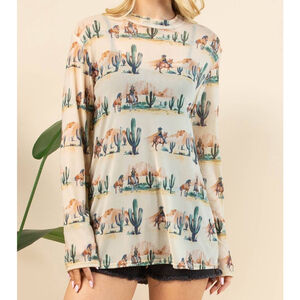 Avery Western Desert Print Mesh Top Cowgirl Cactus Scene Long Sleeve Size XL